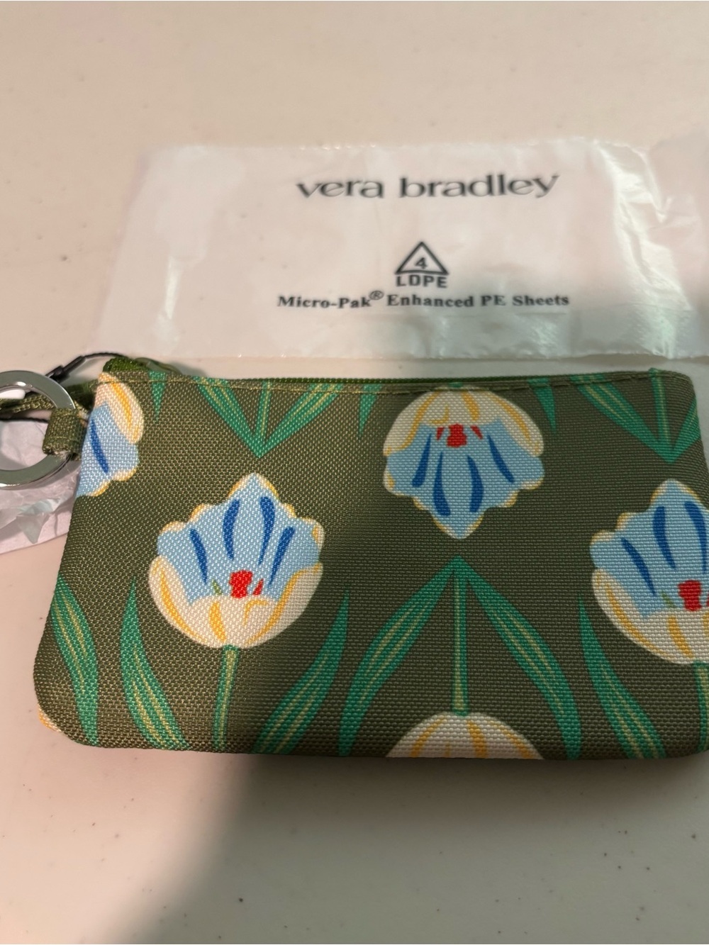 Vera Bradley Olive Floral tulip  Zip Coin Pouch. Zip id case